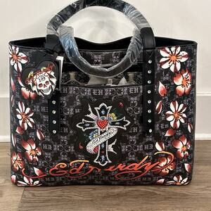 ED HARDY Black Cross Floral Skull Rhinestone Tattoo Logo Tote Shoulder Bag NWT